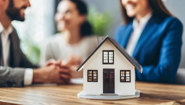 modelo de casa pequena minimalista em uma mesa simbolizando a vida moderna e as aspirações domésticas com um borrão