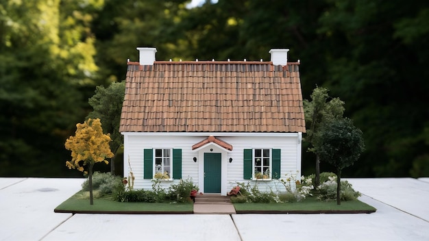 Modelo de casa pintada de branco sob o telhado de telhas em branco