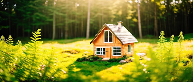 Modelo de casa rural de madeira imóvel em miniatura no prado nova habitação jovem família generativa ai