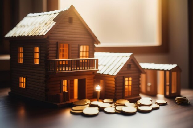 Modelo de casas em miniatura feitas de madeira e moedas de ouro um símbolo de riqueza Generative AI