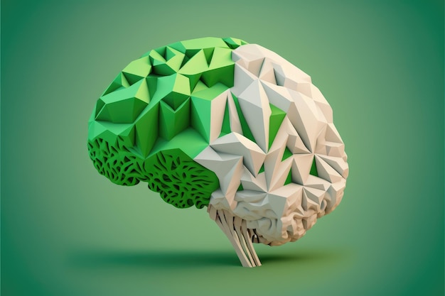 Modelo de cérebro humano em fundo verde Visão de perfil Conceito de inteligência A complexidade da mente humana IA generativa