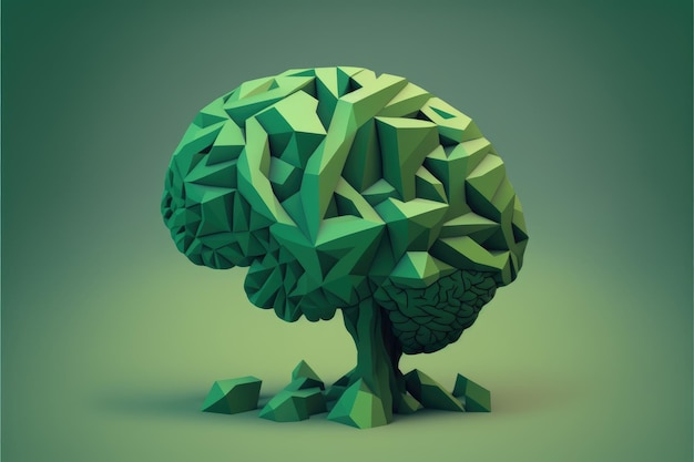 Modelo de cérebro humano em fundo verde Visão de perfil Conceito de inteligência A complexidade da mente humana IA generativa