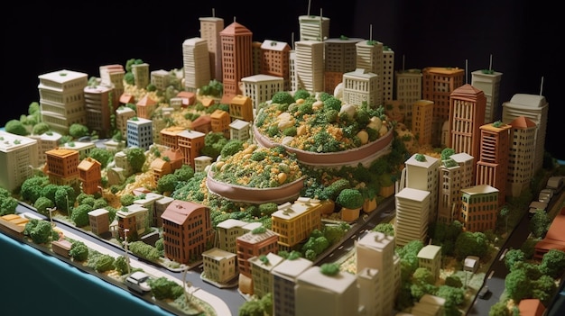 Modelo de cidade em miniatura hiperdetalhado com edifícios florescentes e árvores para planejamento urbano e projetos arquitetônicos