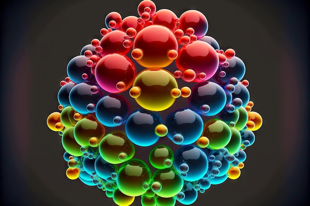 Modelo de closeup de molécula consistindo de esferas volumétricas brilhantes e brilhantes