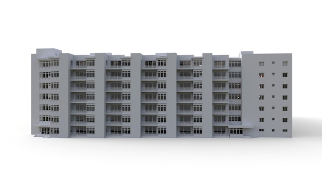 Modelo de condomínio na cor branca com vidros transparentes. edifício de apartamentos com pátio. renderização 3d.