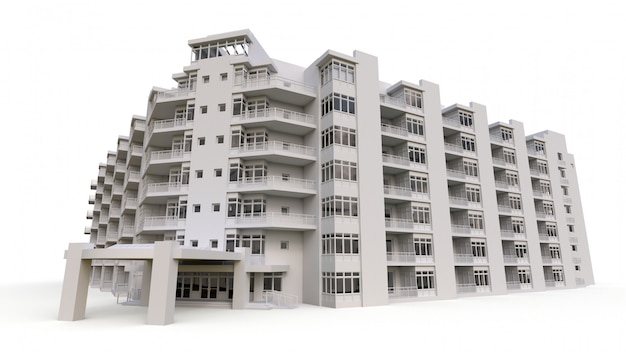 Modelo de condomínio na cor branca com vidros transparentes. Edifício de apartamentos com pátio. Renderização 3D.