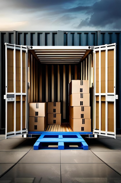 Modelo de contêiner de carga aberto com paletes e caixas de papelão serviços logísticos comerciais globais