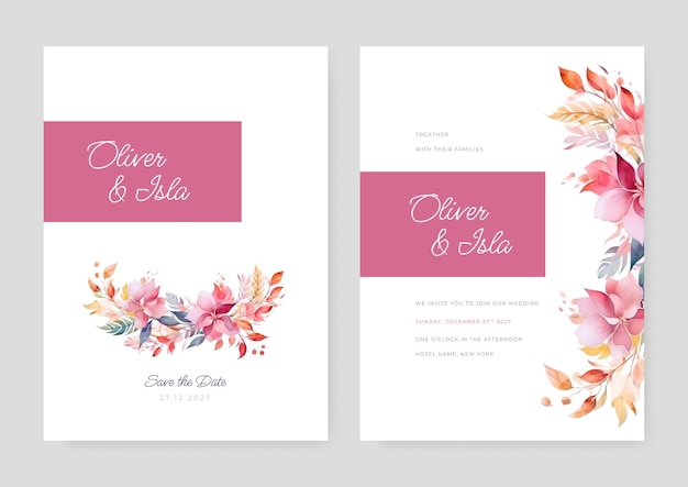 Modelo de convite de casamento a aquarela com decoração floral e de folhas coloridas românticas