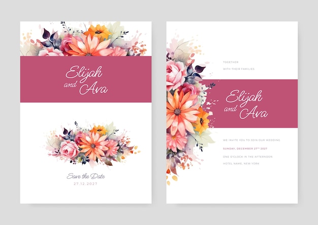 Modelo de convite de casamento com aquarela floral Folha de ouro e fundo de flor