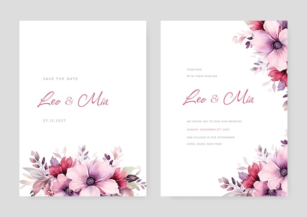 Modelo de convite de casamento com aquarela floral Folha de ouro e fundo de flor