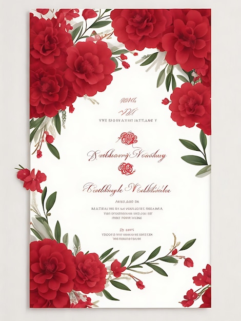 Modelo de convite de casamento com guirlanda floral premium moderno e elegante flores vermelhas