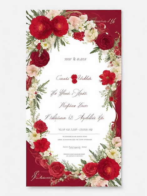 Modelo de convite de casamento com guirlanda floral premium moderno e elegante flores vermelhas