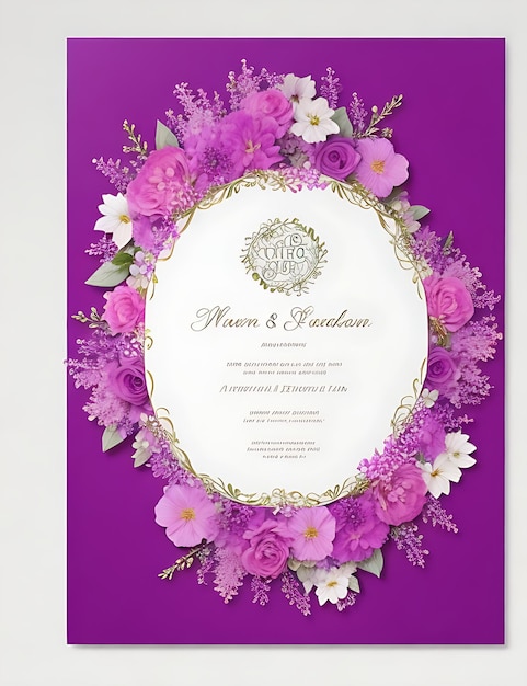 Modelo de convite de casamento com guirlanda floral premium moderno elegante flores magenta