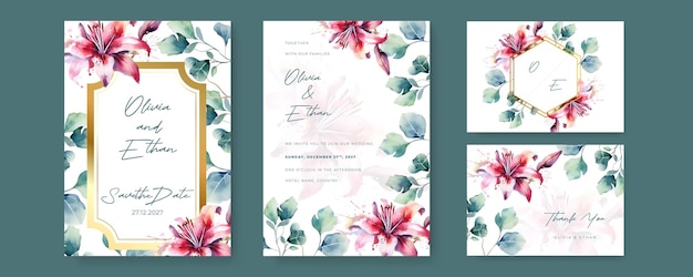 Modelo de convite de casamento em aquarela com flor de ferrugem secada, decoração floral e de folhas