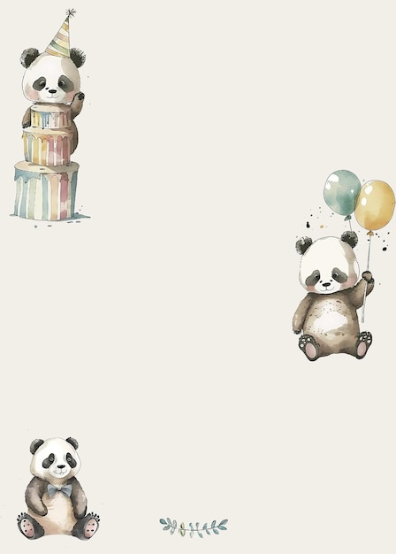 Modelo de convite de festa infantil com bolo de ursos panda aquarela e balões