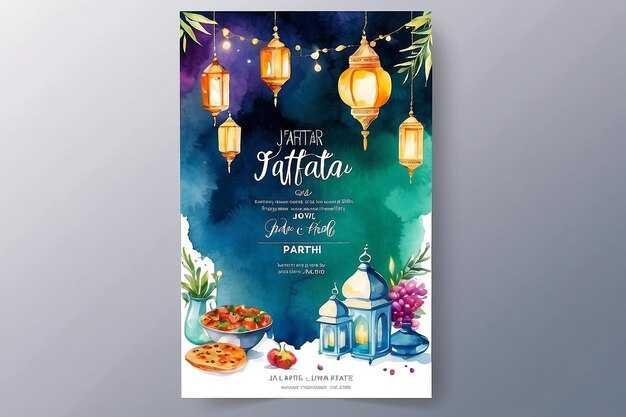 Foto modelo de convite para uma festa de iftar vertical de aquarela vetorial