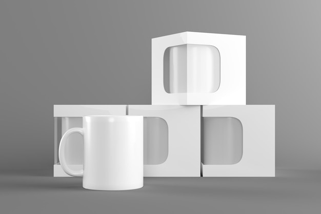 Modelo de copo de sublimação de renderização 3D com caixas com mocap de janela transparente para design