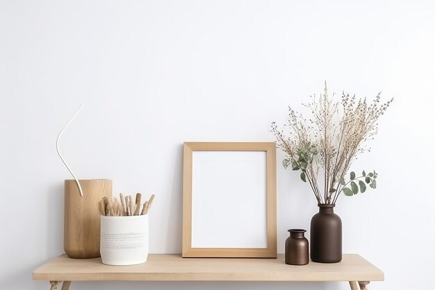 Modelo de copo de vaso de flores de cerâmica minimalista e moldura de madeira vazia generativa ai