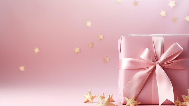 Modelo de cor pastel com um presente fita dourada e espaço de cópia Dia da Mãe Dia da Mulher ou celebração de aniversário em um fundo rosa festivo