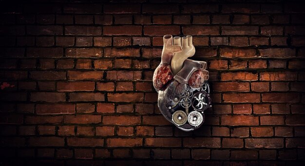 Modelo de coração anatômico feito com engrenagens e peças mecânicas, fundo brickwall