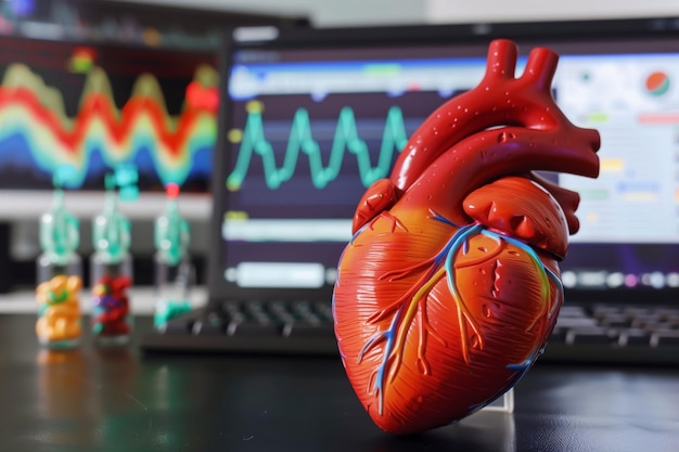 Modelo de coração na frente de um computador com dados de ECG