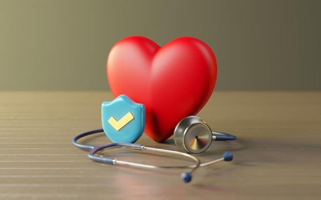 Modelo de coração vermelho Estetoscópio com escudo proteger conceito de seguro familiar cuidados de saúde infantis renderização 3D