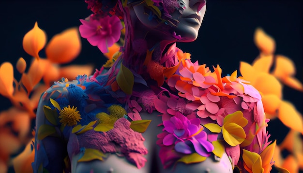 Modelo de corpo humano coberto com flores brilhantes Generative Ai