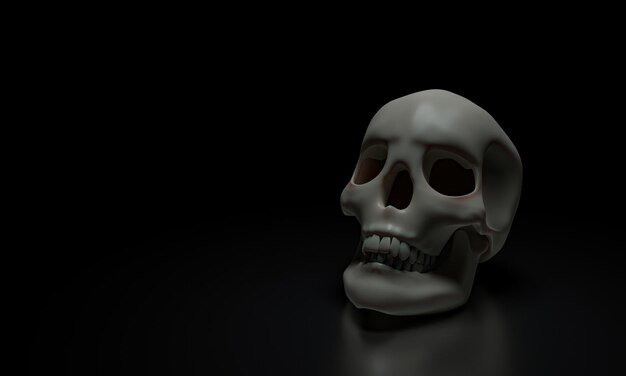 Modelo de crânio humano cabeça de crâneo limpa colocada em uma superfície brilhante e um fundo preto Renderização 3D