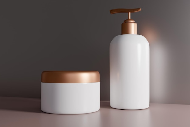 Modelo de creme frasco e garrafa de creme cosmético branco sem marca em fundo bege apresentação de produtos de cuidados com a pele modelo elegante de beleza e spa tubo de jarro com espaço de cópia renderização 3D