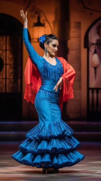 Modelo de dançarina de flamenco em roupa azul e dança em pose romântica