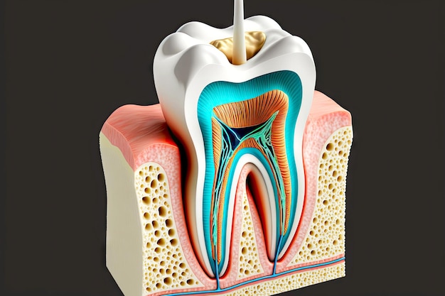 Modelo de dente em corte com agulha para demonstração do processo de implantologia dentária