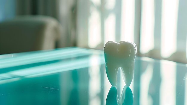 Modelo de dente solitário em uma superfície refletora com tons azuis suaves imagem conceitual de saúde dental perfeita para uso médico e educacional AI