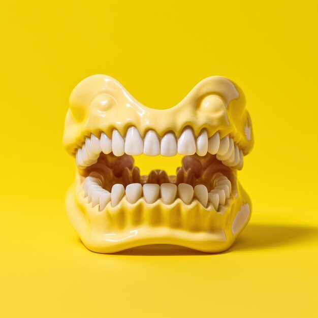 Foto modelo de dentes amarelos sobre um fundo amarelo conceito mínimo