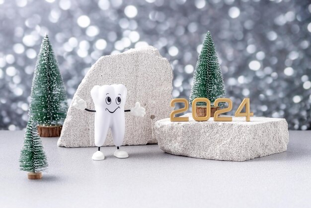 Foto modelo de desenho animado de um dente os números 2024 em um pódio feito de pedra e árvores de natal em um fundo de bokeh de prata