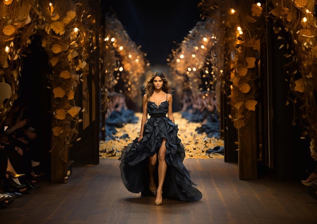 Modelo de desfiles de moda caminhando pela passarela e vestindo um vestido de designer pretoAI Generative