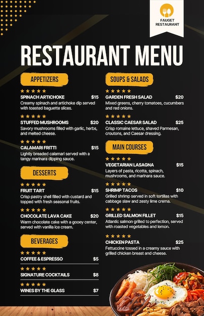 Modelo de design de menu de restaurante para café, cafeteria, restaurante, bar, alimentos e bebidas