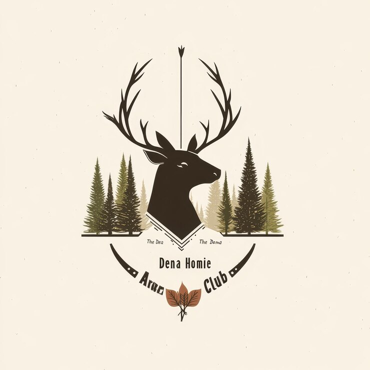 Foto modelo de design do logotipo do caçador de cervos cabeça de cervo com chifres e ilustração vetorial da floresta