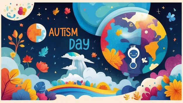 Modelo de Dia do Autismo para Mídias Sociais com Crianças Vibrantes e Cores Brilhantes Espaço para Texto