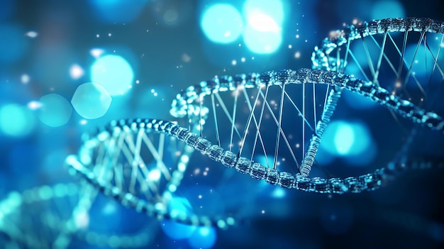 Modelo de DNA azul intrincado com nós brilhantes colocados contra o fundo de uma matriz digital desfocada