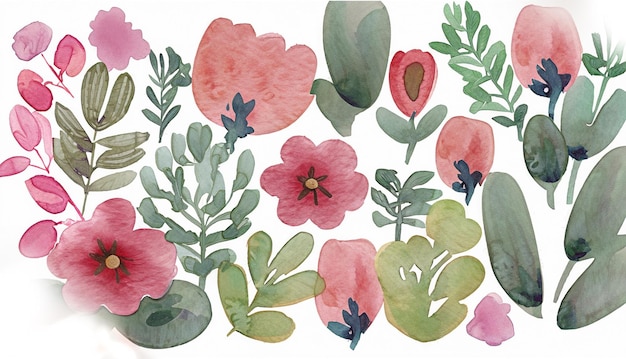 modelo de elementos decorativos florais em aquarela ilustração plana dos desenhos animados isolada no branco