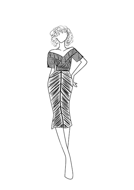 Modelo de esboço de moda usando vestido elegante na ilustração de fundo branco