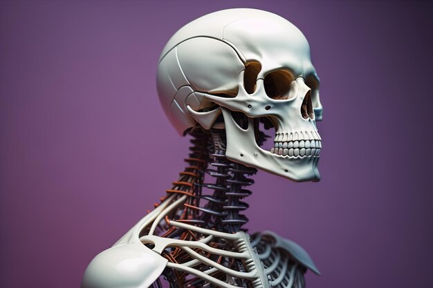Modelo de esqueleto humano em fundo roxo