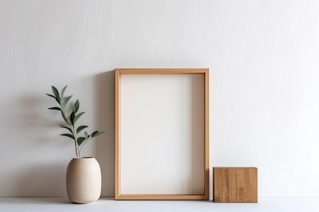 Modelo de estrutura de madeira com uma planta em um vaso em uma mesa branca