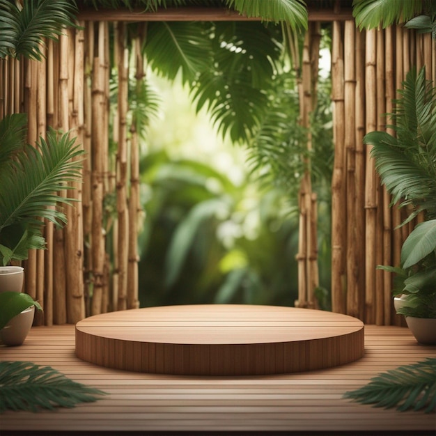 Modelo de exibição de pódio de madeira para apresentação de produto decorado com tropical