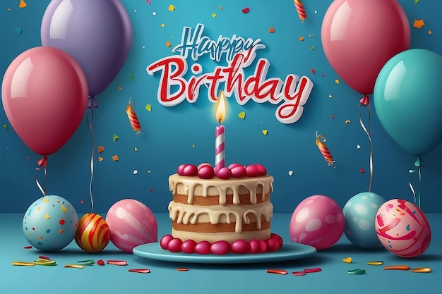 Modelo de feliz aniversário É um menino Cartão de saudação de aniversário com bolo bonito 3D e vela em fundo azul para evento de festa de aniversário
