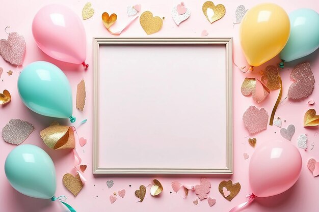 Modelo de feriado ou aniversário com moldura de balões pastel coração e confete em cima da mesa rosa vista plana