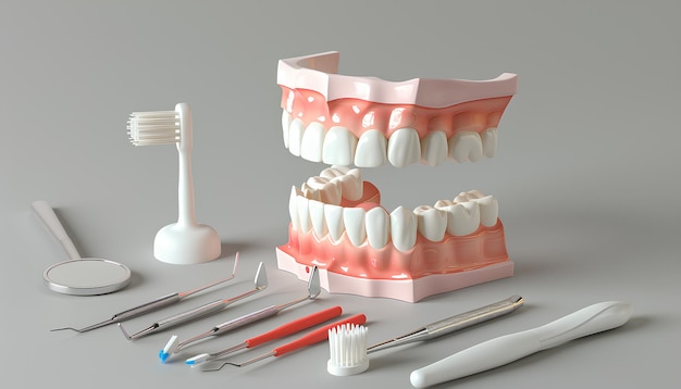 modelo de ferramentas dentárias de mandíbula e escova de dentes em fundo cinza