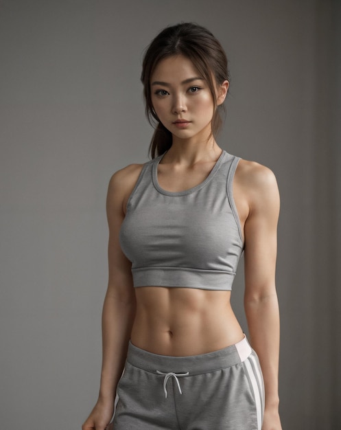 Foto modelo de fitness feminino asiático em roupa de tema cinza