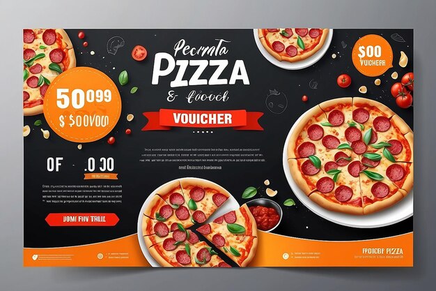 Modelo de folheto de voucher de presente de restaurante com deliciosa pizza de queijo pepperoni