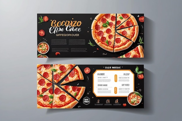 Modelo de folheto de voucher de presente de restaurante com delicioso sabor pizza de queijo pepperoni e espaço